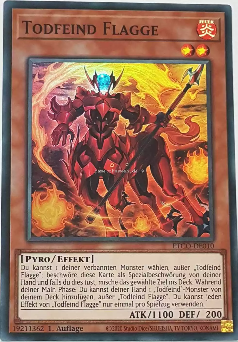Todfeind Flagge ETCO-DE010 ist in Super Rare Yu-Gi-Oh Karte aus Eternity Code 1.Auflage