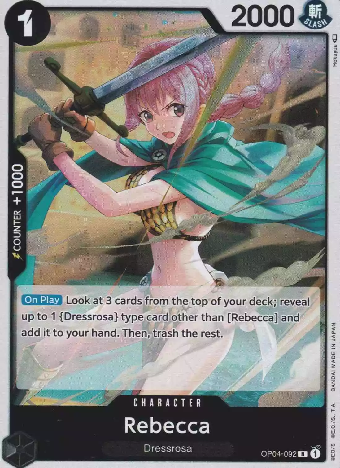op04-092-rebecca-rare-kingdoms-of-intrigue Rebecca OP04-092 ist in Rare. Die One Piece Karte ist aus Kingdoms Of Intrigue in Normal Art.