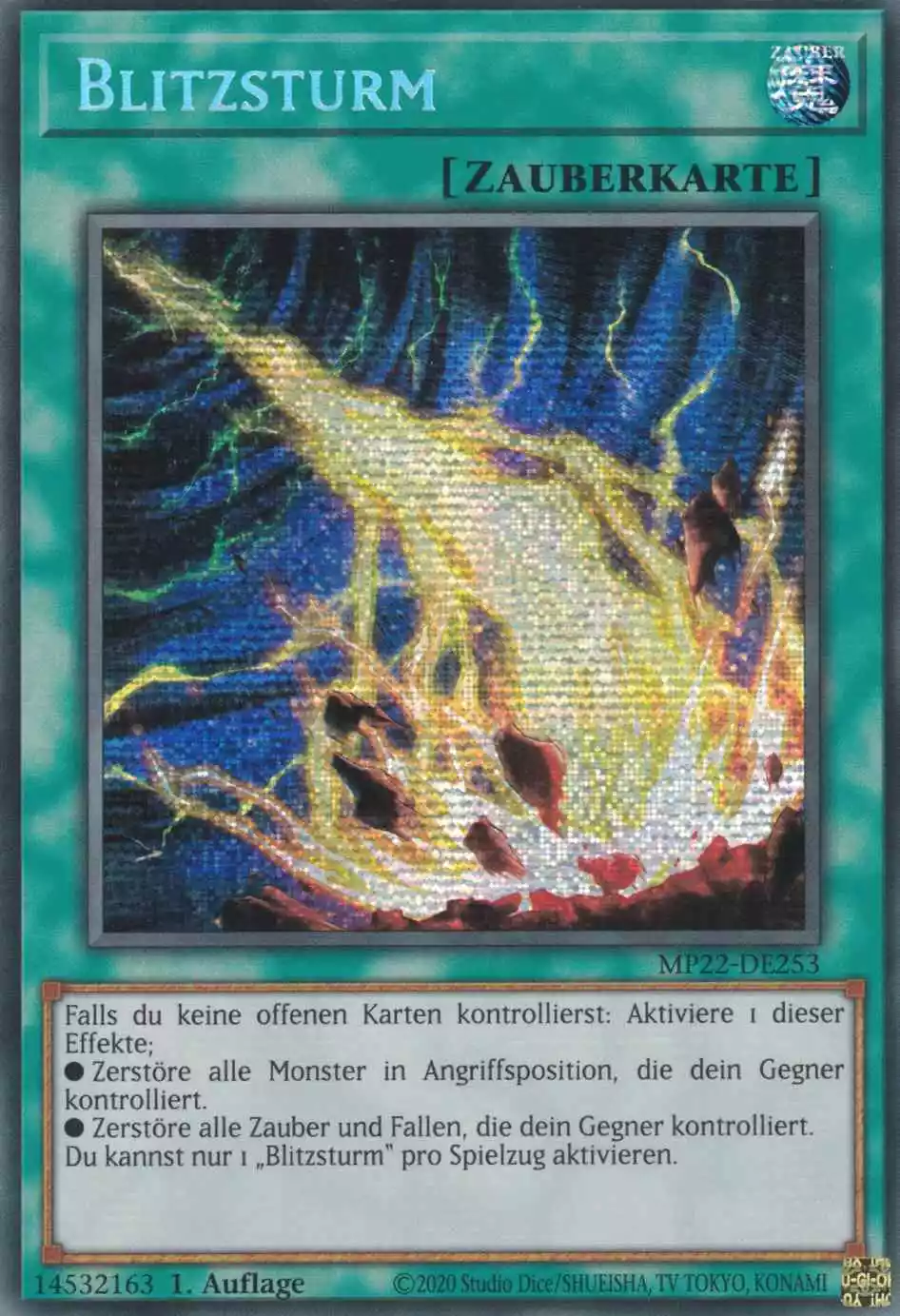 Blitzsturm MP22-DE253 ist in Prismatic Secret Rare Yu-Gi-Oh Karte aus Tin of the Pharaoh’s Gods 1.Auflage