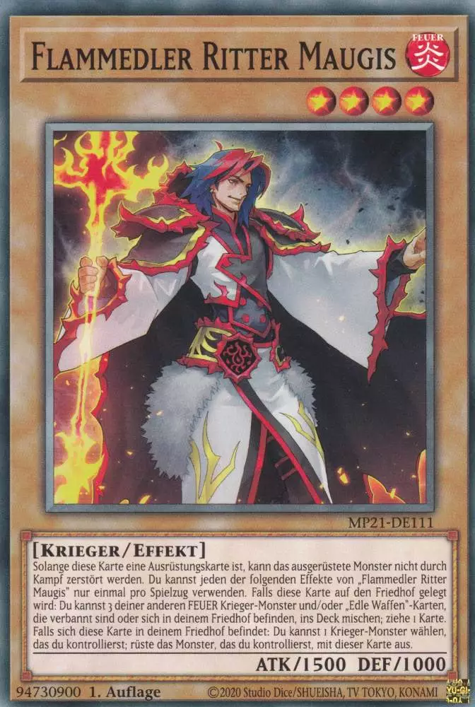 Flammedler Ritter Maugis MP21-DE111 ist in Common Yu-Gi-Oh Karte aus Tin of Ancient Battles 1.Auflage