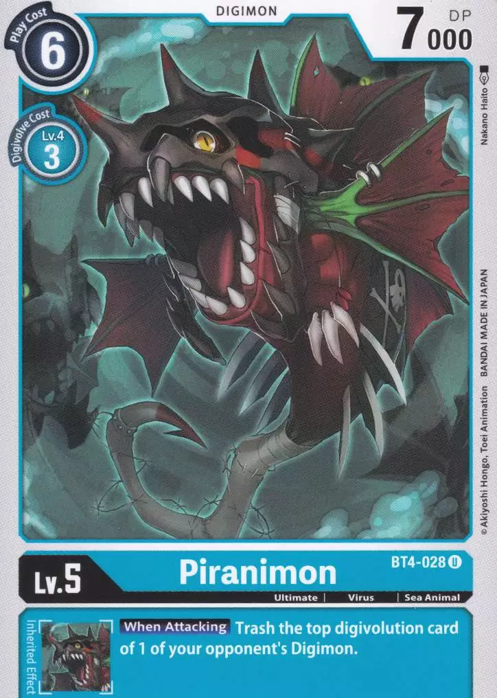 Piranimon BT4-028 ist in Uncommon. Die Digimon Karte ist aus Great Legend BT04 