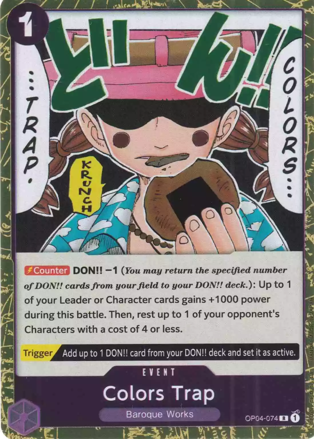 Colors Trap OP04-074 ist in Rare. Die One Piece Karte ist aus Kingdoms Of Intrigue in Normal Art.