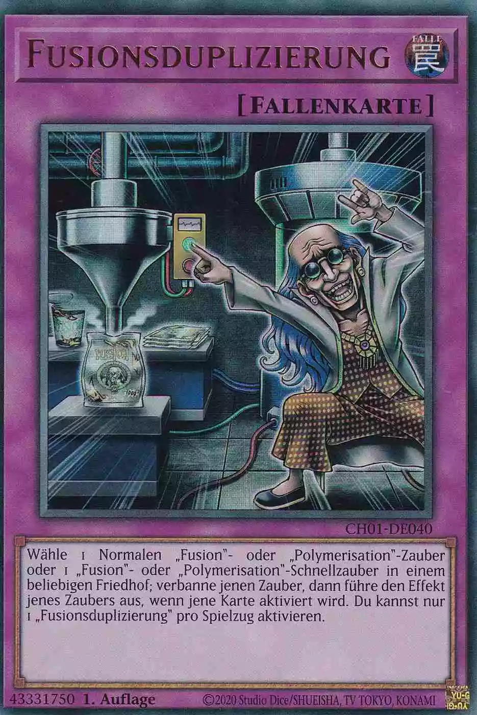 Fusionsduplizierung Ultra Rare CH01-DE040 Yugioh Karte Fusionsduplizierung CH01-DE040 ist in Ultra Rare Yu-Gi-Oh Karte aus THE CHRONICLES DECK: The Fallen & The Virtuous 1.Auflage