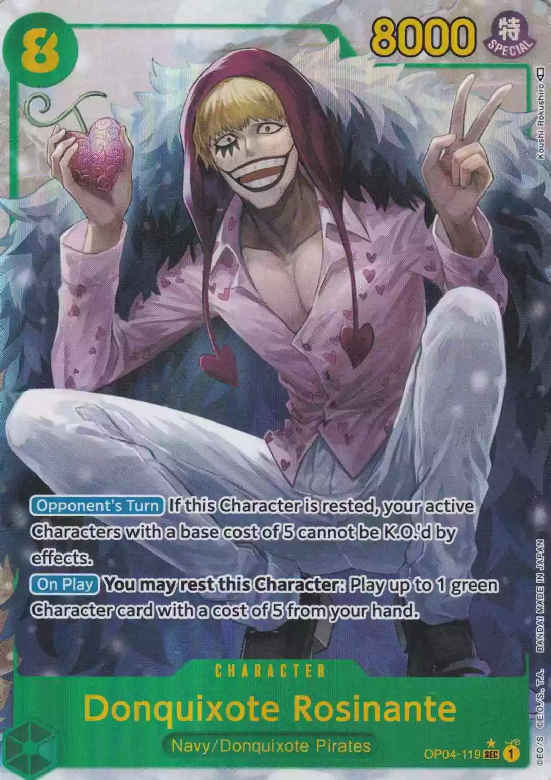 op04-119-a-donquixote-rosinante-secret-rare-kingdoms-of-intrigue Donquixote Rosinante OP04-119 ist in Secret Rare. Die One Piece Karte ist aus Kingdoms Of Intrigue in Parallel Alternative Art.