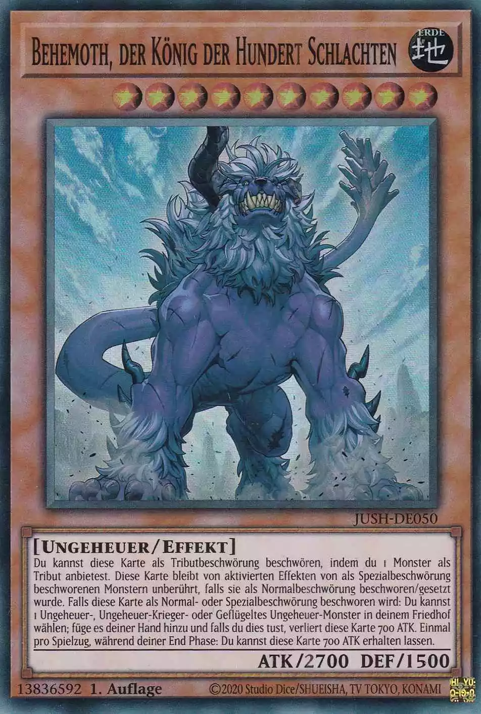 Behemoth, der König der Hundert Schlachten JUSH-DE050 ist in Super Rare Yu-Gi-Oh Karte aus Justice Hunters 1.Auflage