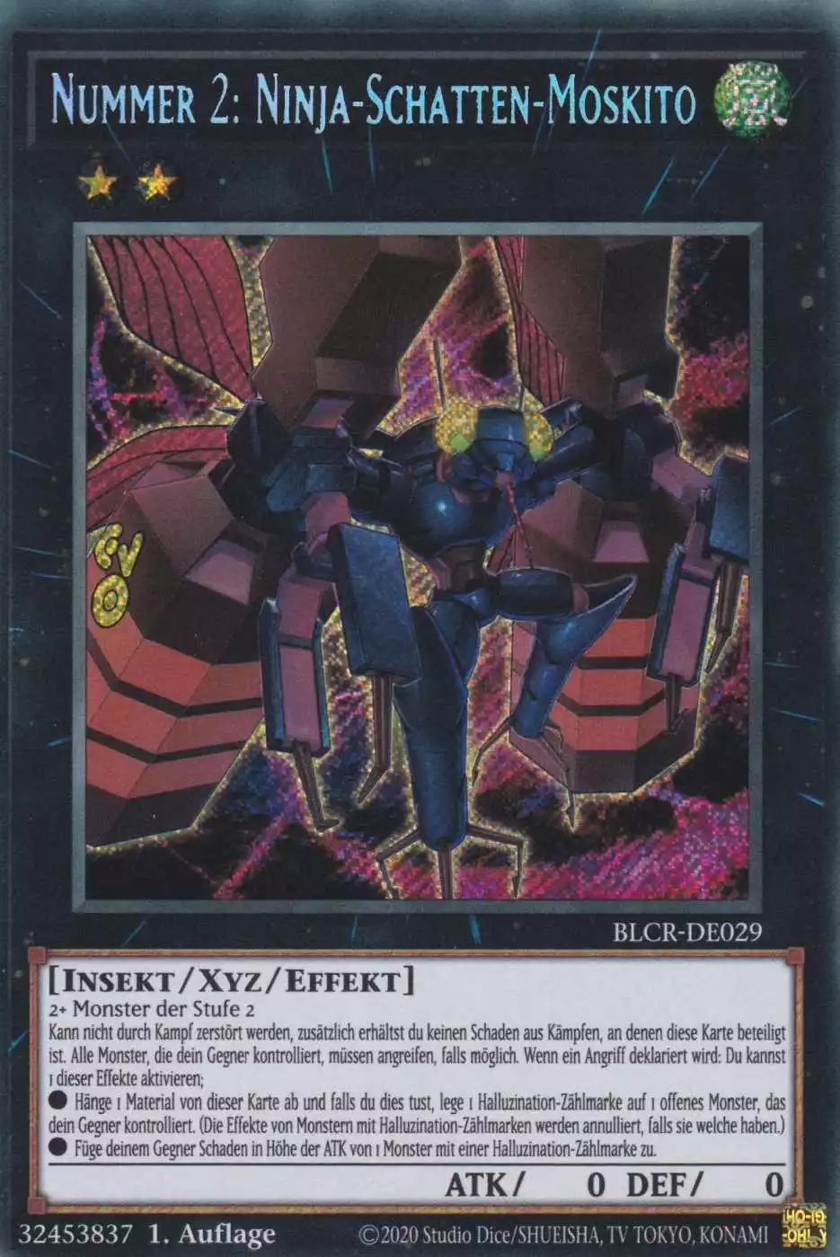Nummer 2: Ninja-Schatten-Moskito BLCR-DE029 ist in Secret Rare Yu-Gi-Oh Karte aus Battles of Legend Crystal Revenge 1.Auflage