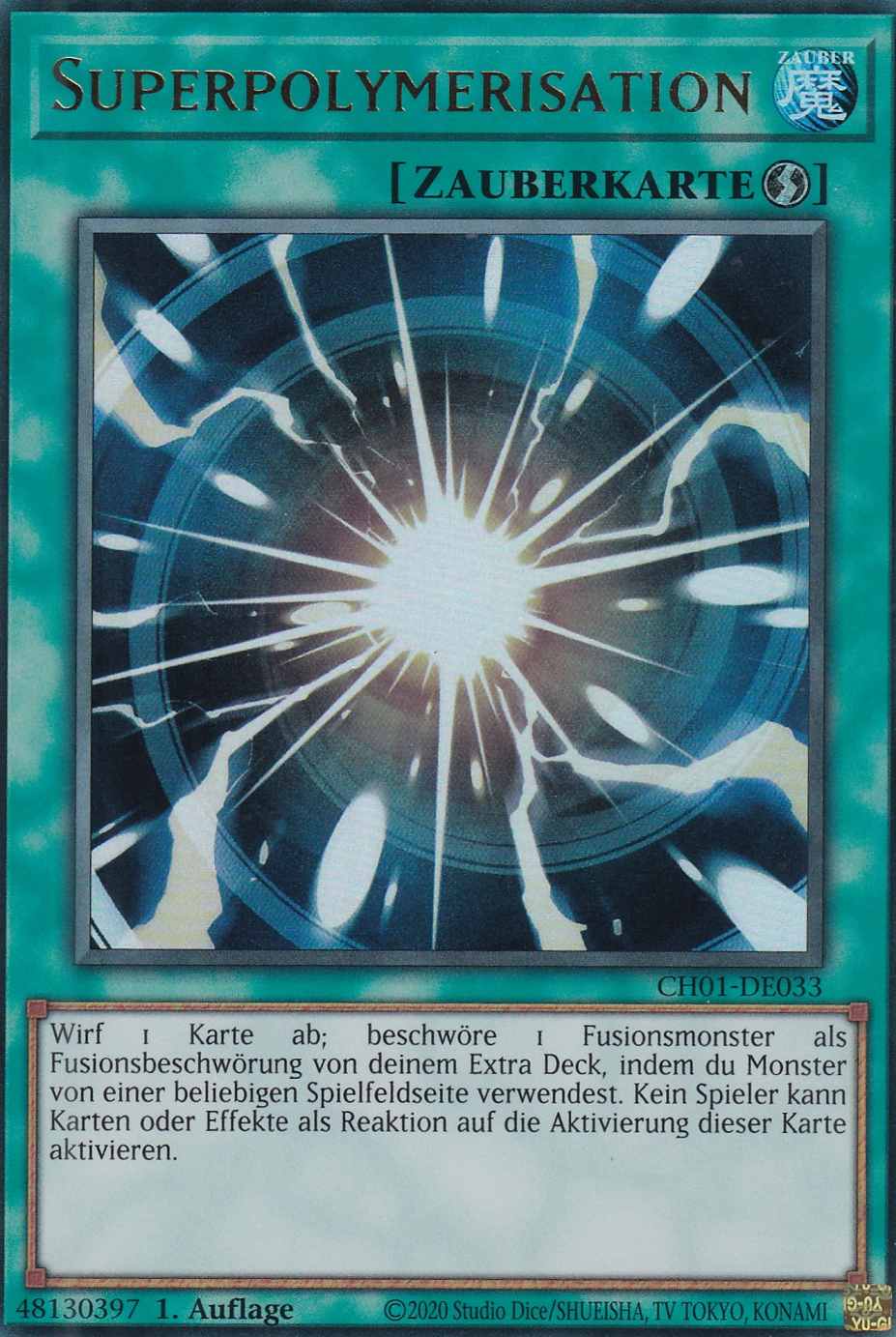 Superpolymerisation Ultra Rare CH01-DE033 Yugioh Karte Superpolymerisation CH01-DE033 ist in Ultra Rare Yu-Gi-Oh Karte aus THE CHRONICLES DECK: The Fallen & The Virtuous 1.Auflage