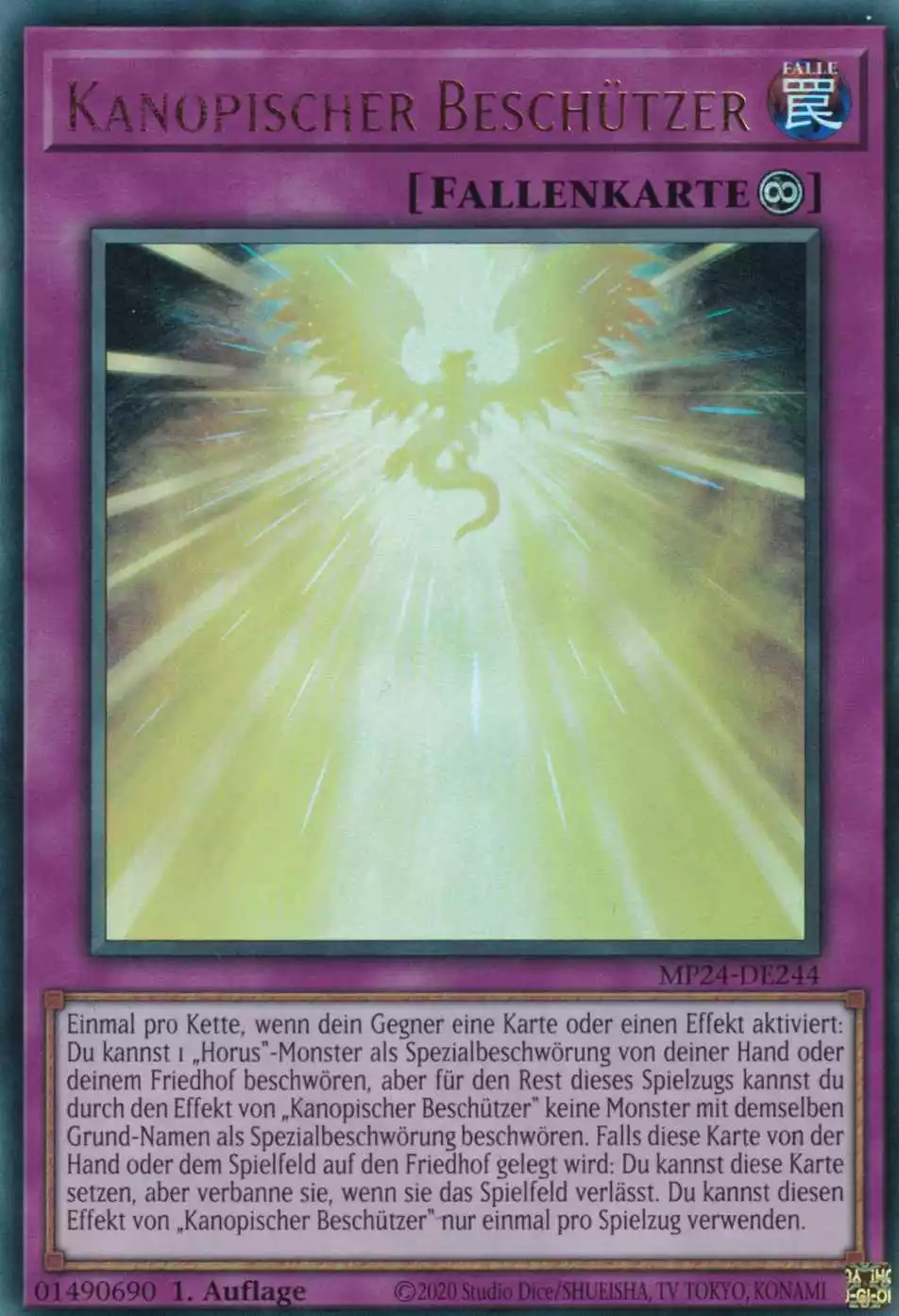 Kanopischer Beschützer Ultra Rare MP24-DE244 Yugioh Karte Kanopischer Beschützer MP24-DE244 ist in Ultra Rare Yu-Gi-Oh Karte aus 25th Anniversary Tin Dueling Mirrors 1.Auflage