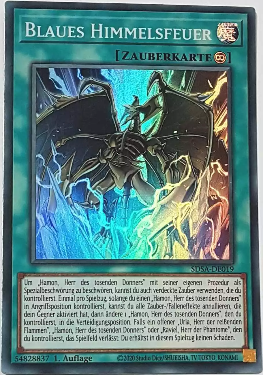 Blaues Himmelsfeuer SDSA-DE019 ist in Super Rare Yu-Gi-Oh Karte aus Sacred Beasts 1.Auflage