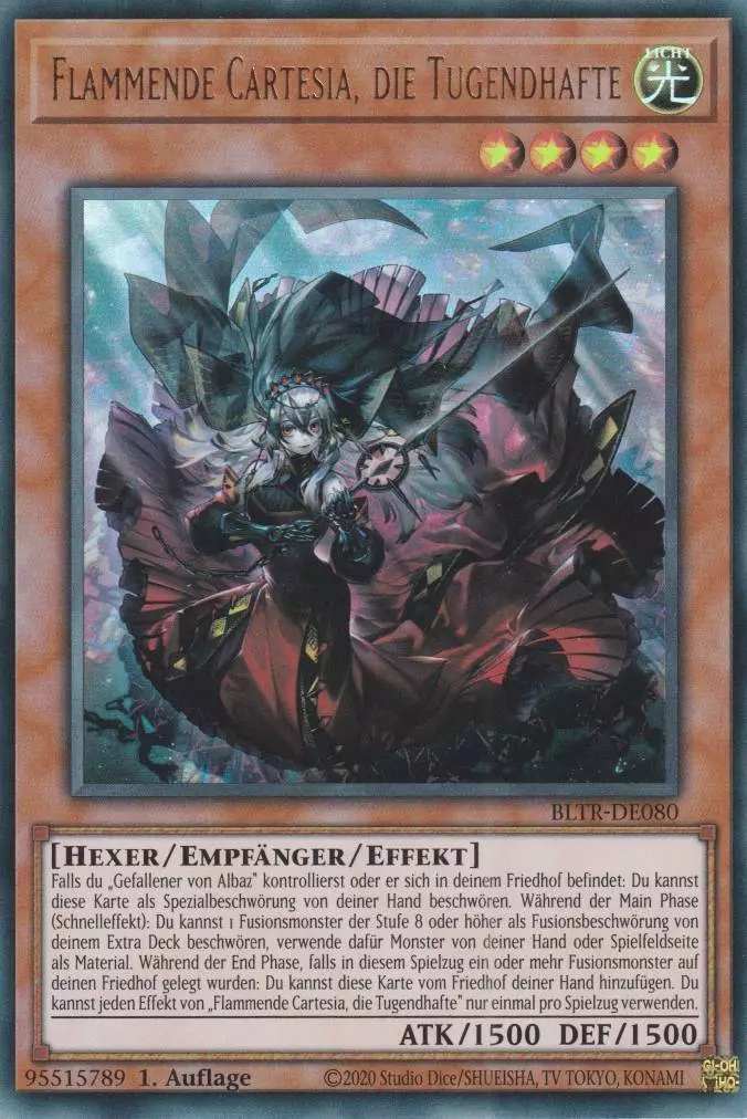 Flammende Cartesia, die Tugendhafte BLTR-DE080 ist in Ultra Rare Yu-Gi-Oh Karte aus Battles of Legend Terminal Revenge 1.Auflage