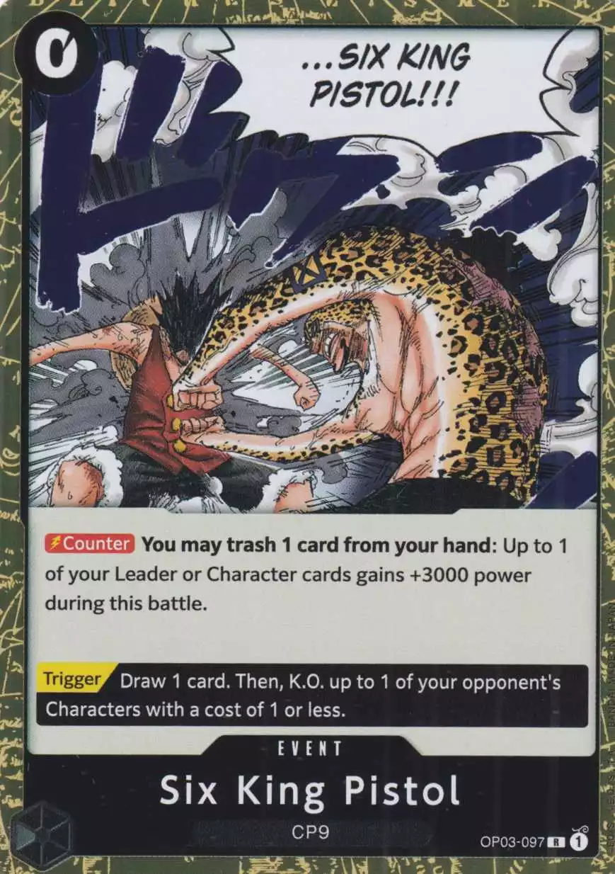 op03-097-six-king-pistol-rare-pillars-of-strength-op-03 Six King Pistol OP03-097 ist in Rare. Die One Piece Karte ist aus Pillars of Strength OP-03 in Normal Art.