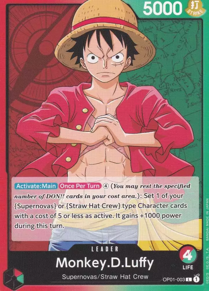 op01-003-monkey-d-luffy-leader-romance-dawn Monkey.D.Luffy OP01-003 ist in Leader. Die One Piece Karte ist aus Romance Dawn in Normal Art.