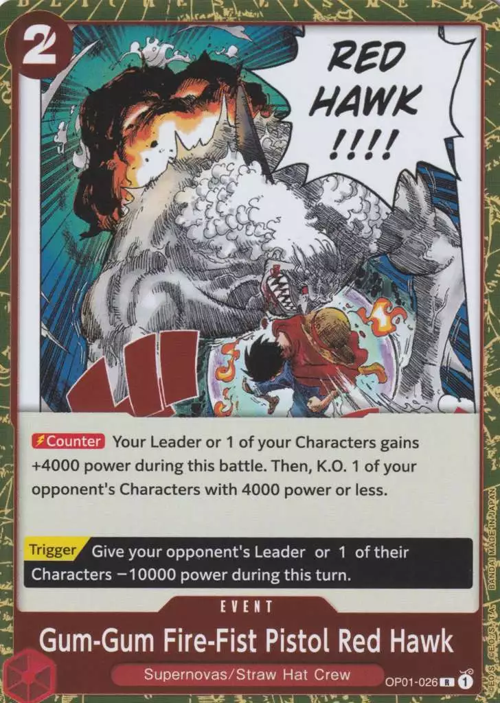 op01-026-gum-gum-fire-fist-pistol-red-hawk-rare-romance-dawn Gum-Gum Fire-Fist Pistol Red Hawk OP01-026 ist in Rare. Die One Piece Karte ist aus Romance Dawn in Normal Art.