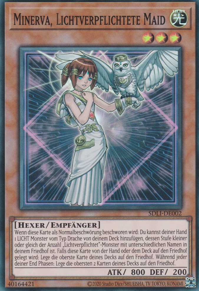 Minerva, Lichtverpflichtete Maid SDLI-DE002 ist in Super Rare Yu-Gi-Oh Karte aus Realm Of Light unlimitiert