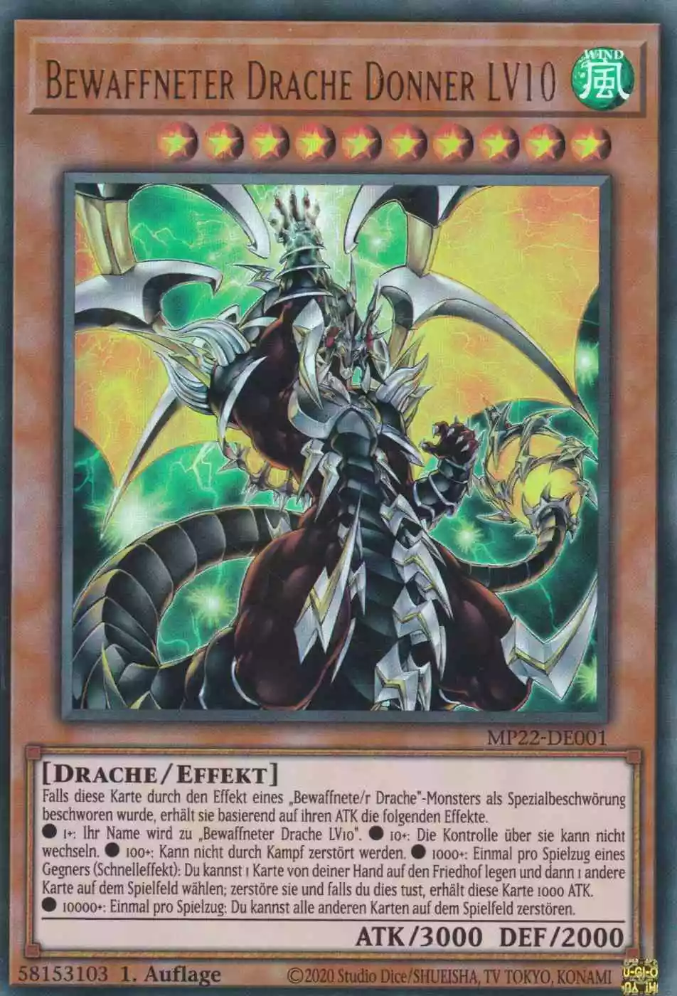 Bewaffneter Drache Donner LV10 MP22-DE001 ist in Ultra Rare Yu-Gi-Oh Karte aus Tin of the Pharaoh’s Gods 1.Auflage