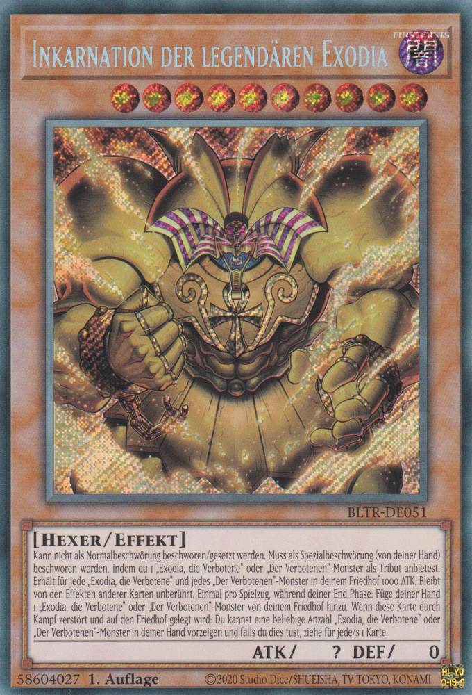 Inkarnation der legendären Exodia BLTR-DE051 ist in Secret Rare Yu-Gi-Oh Karte aus Battles of Legend Terminal Revenge 1.Auflage