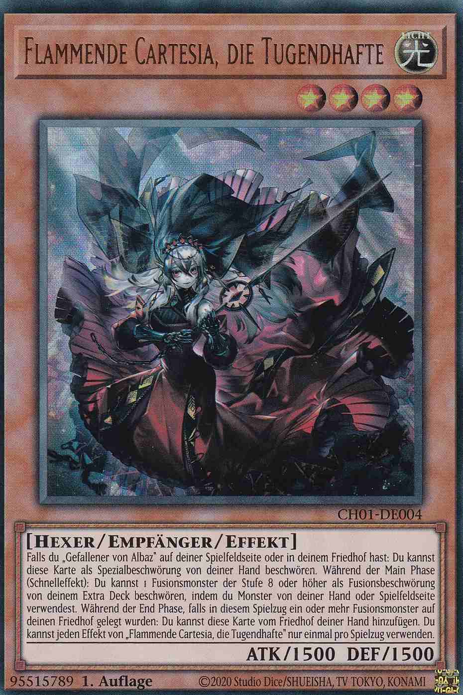 Flammende Cartesia, die Tugendhafte Ultra Rare CH01-DE004 Yugioh Karte Flammende Cartesia, die Tugendhafte CH01-DE004 ist in Ultra Rare Yu-Gi-Oh Karte aus THE CHRONICLES DECK: The Fallen & The Virtuous 1.Auflage