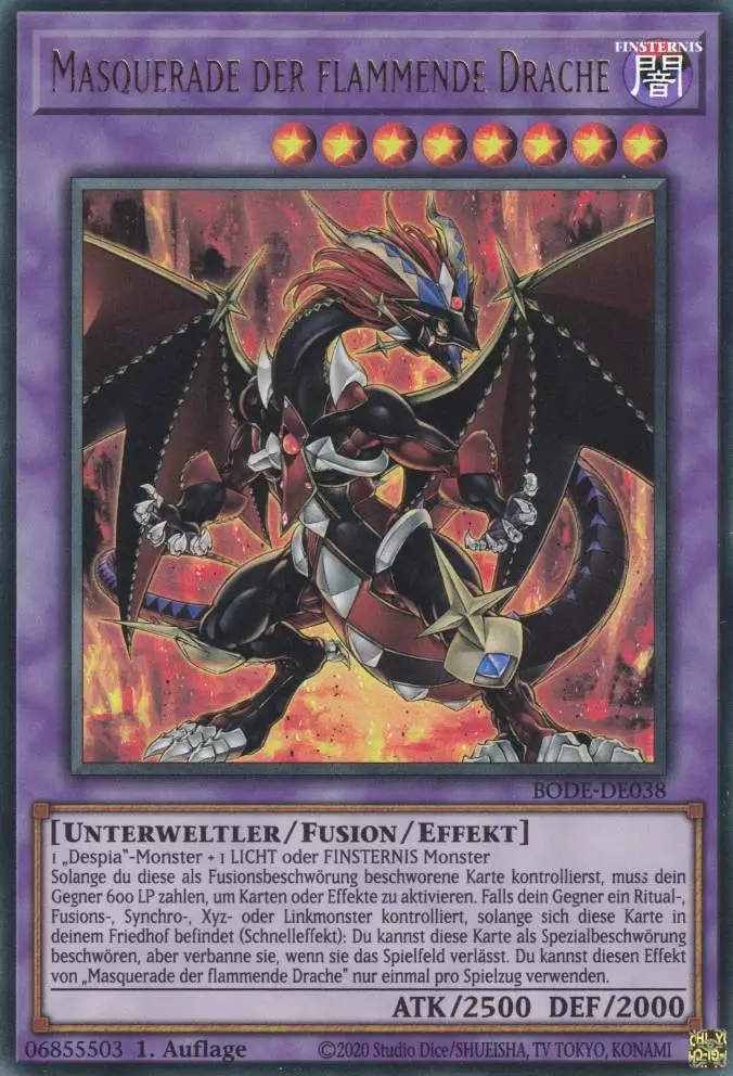 Masquerade der flammende Drache BODE-DE038 ist in Ultra Rare Yu-Gi-Oh Karte aus Burst of Destiny 1.Auflage