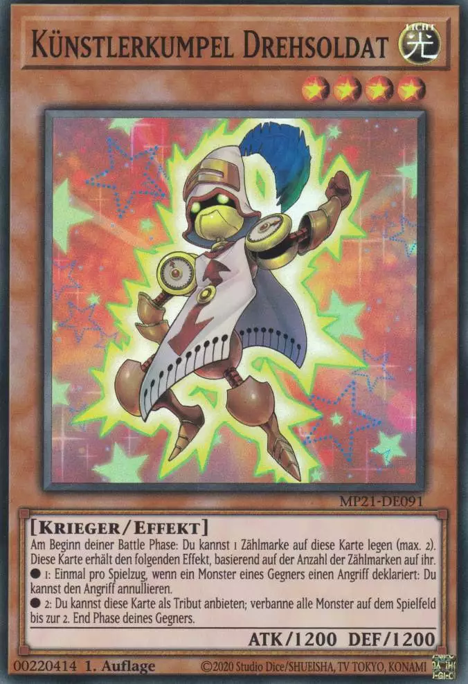 mp21-de091-kuenstlerkumpel-drehsoldat-super-rare-tin-of-ancient-battles Künstlerkumpel Drehsoldat MP21-DE091 ist in Super Rare Yu-Gi-Oh Karte aus Tin of Ancient Battles 1.Auflage