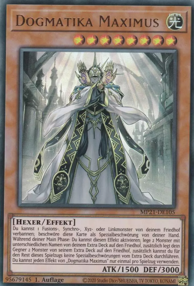 Dogmatika Maximus MP21-DE105 ist in Ultra Rare Yu-Gi-Oh Karte aus Tin of Ancient Battles 1.Auflage