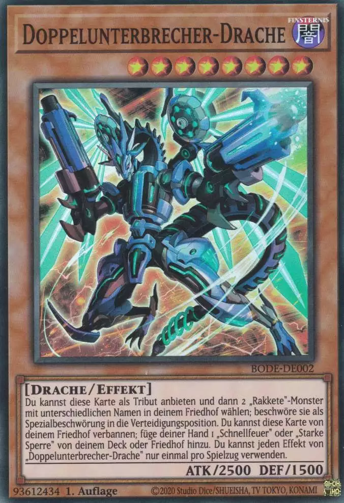 Doppelunterbrecher-Drache BODE-DE002 ist in Super Rare Yu-Gi-Oh Karte aus Burst of Destiny 1.Auflage