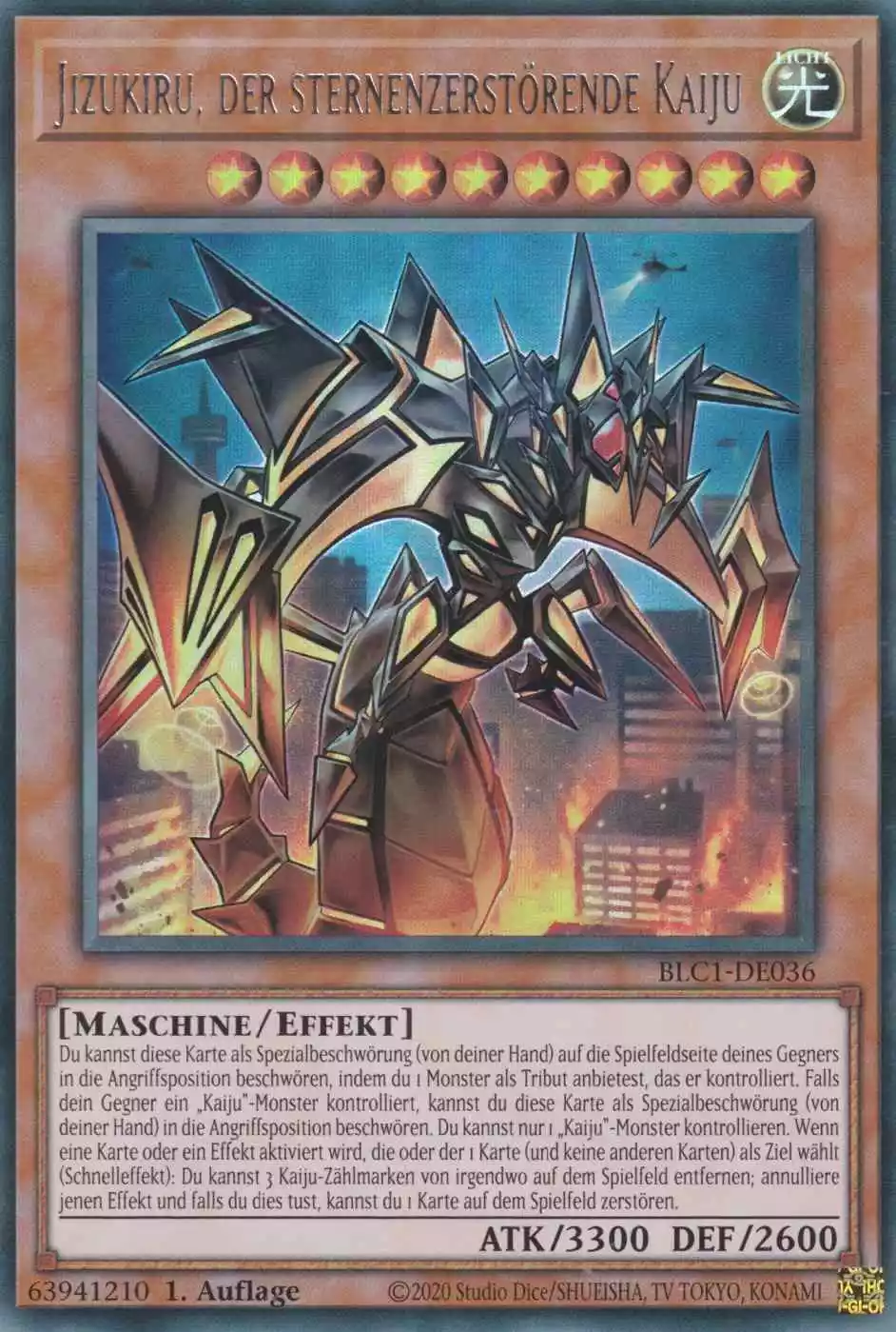 Jizukiru, der sternenzerstörende Kaiju BLC1-DE036 ist in Silber Ultra Rare Yu-Gi-Oh Karte aus Battles of Legend Chapter 1 1.Auflage