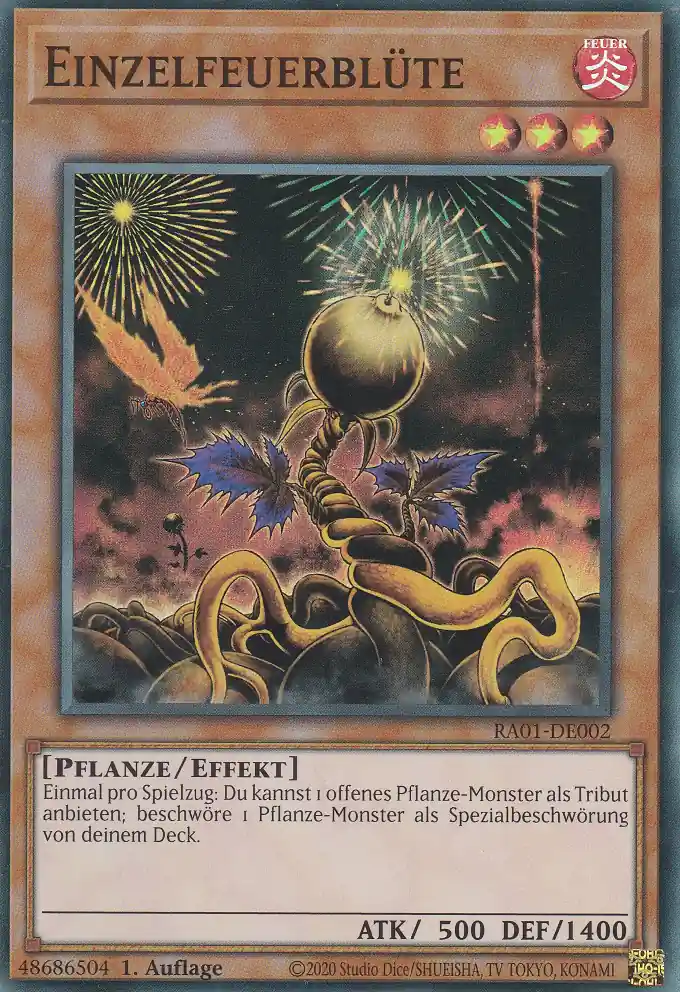 Einzelfeuerblüte RA01-DE002 ist in Super Rare Yu-Gi-Oh Karte aus 25th Anniversary Rarity Collection 1.Auflage