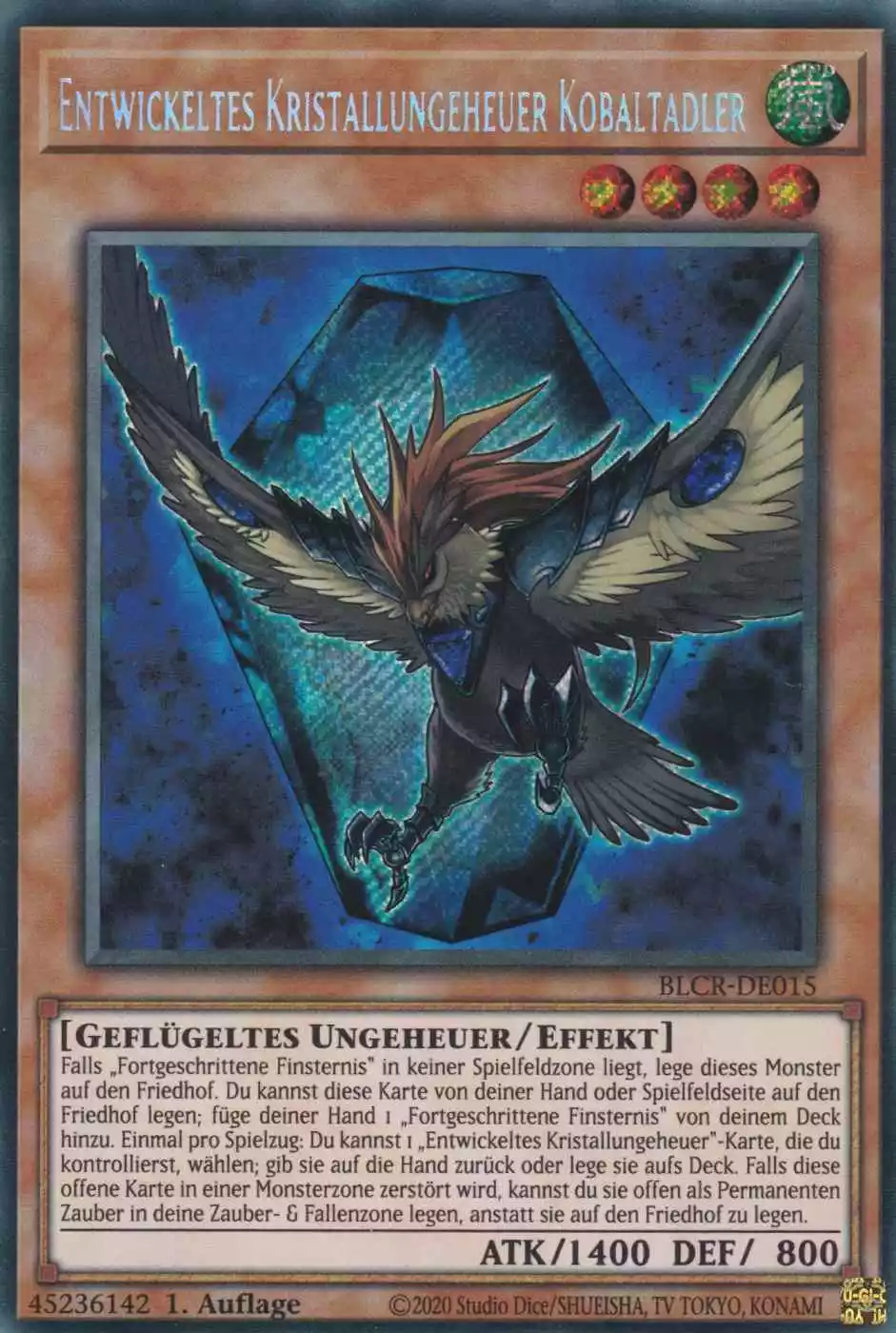 Entwickeltes Kristallungeheuer Kobaltadler BLCR-DE015 ist in Secret Rare Yu-Gi-Oh Karte aus Battles of Legend Crystal Revenge 1.Auflage