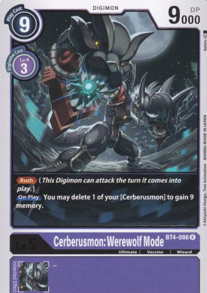 Cerberusmon: BT4-086 ist in Rare. Die Digimon Karte ist aus Great Legend BT04 