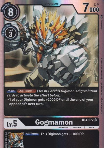 Gogmamon BT4-072 ist in Super Rare Holo. Die Digimon Karte ist aus Great Legend BT04 
