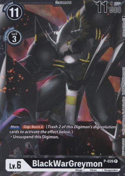 BlackWarGreymon Holo P-026 ist in Promo. Die Digimon Karte ist aus Great Legend BT04 