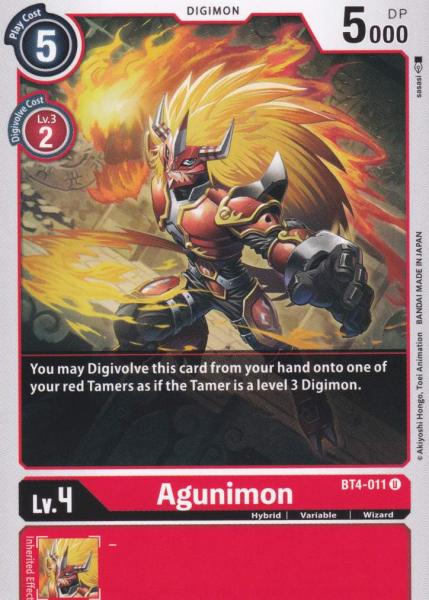 Agunimon BT4-011 ist in Uncommon. Die Digimon Karte ist aus Great Legend BT04 