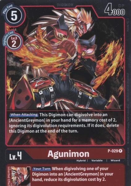 Agunimon Holo P-029 ist in Promo. Die Digimon Karte ist aus Great Legend BT04 