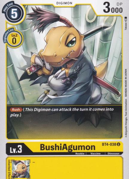 BushiAgumon BT4-038 ist in Uncommon. Die Digimon Karte ist aus Great Legend BT04 