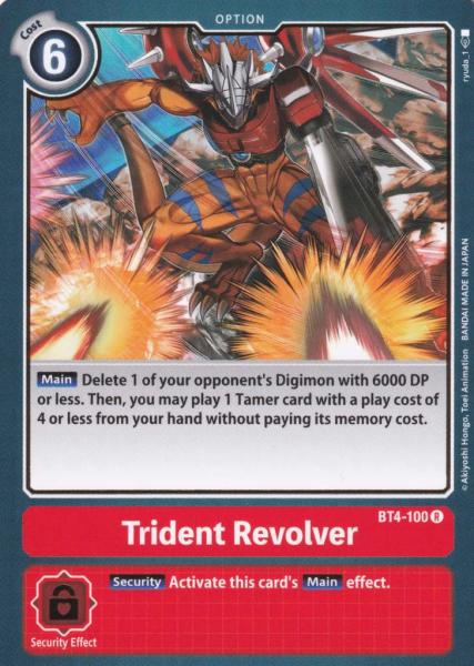 Trident Revolver BT4-100 ist in Rare. Die Digimon Karte ist aus Great Legend BT04 