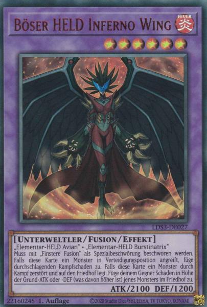 Böser HELD Inferno Wing (rot) LDS3-DE027 ist in Colorful Ultra Rare Yu-Gi-Oh Karte aus Legendary Duelists Season 3 1.Auflage