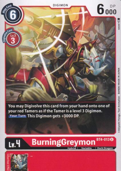 BurningGreymon BT4-013 ist in Uncommon. Die Digimon Karte ist aus Great Legend BT04 
