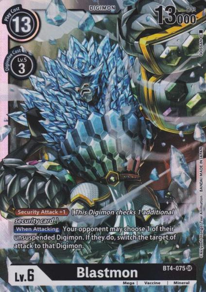 Blastmon BT4-075 ist in Super Rare Holo. Die Digimon Karte ist aus Great Legend BT04 