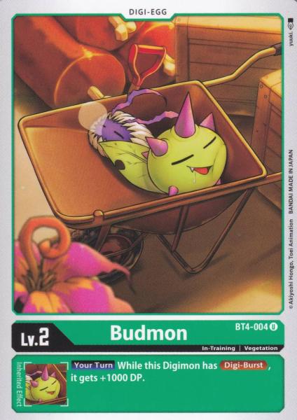 Budmon BT4-004 ist in Uncommon. Die Digimon Karte ist aus Great Legend BT04 