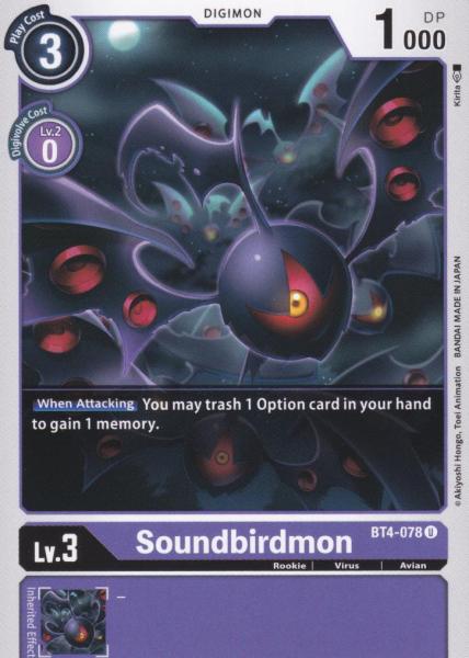 Soundbirdmon BT4-078 ist in Uncommon. Die Digimon Karte ist aus Great Legend BT04 