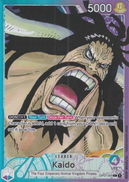 Kaido OP01-061 ist in Leader. Die One Piece Karte ist aus Romance Dawn in Parallel Alternative Art.