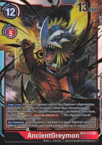 AncientGreymon BT4-113 ist in Secret Rare Holo. Die Digimon Karte ist aus Great Legend BT04 