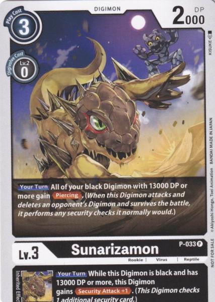 Sunarizamon P-033 ist in Promo. Die Digimon Karte ist aus Great Legend BT04 