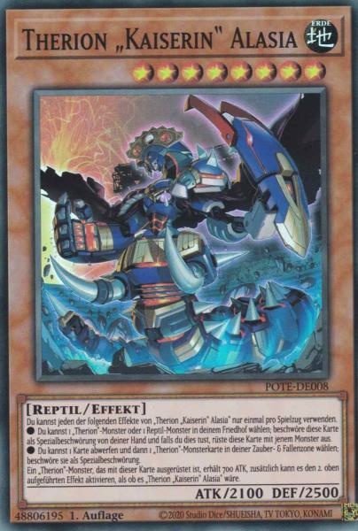 Therion „Kaiserin“ Alasia POTE-DE008 ist in Super Rare Yu-Gi-Oh Karte aus Power of the Elements 1.Auflage