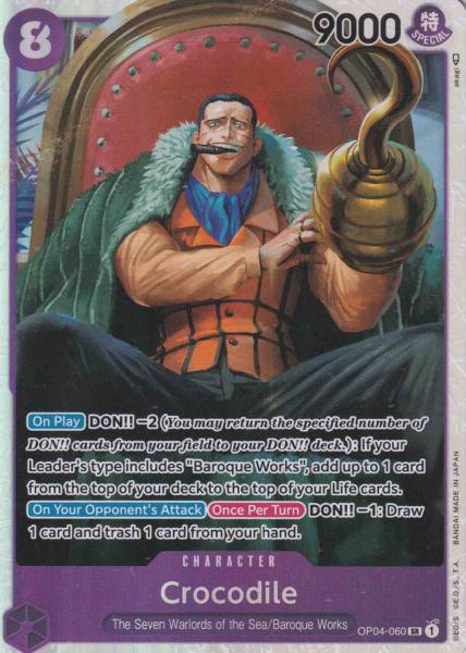 Crocodile OP04-060 ist in Super Rare. Die One Piece Karte ist aus Kingdoms Of Intrigue in Normal Art.