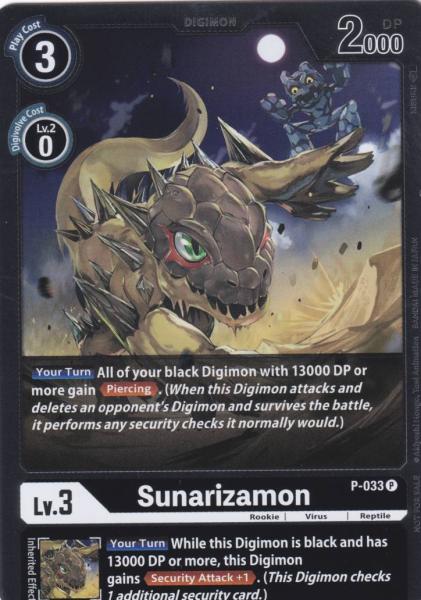 Sunarizamon Holo P-033 ist in Promo. Die Digimon Karte ist aus Great Legend BT04 