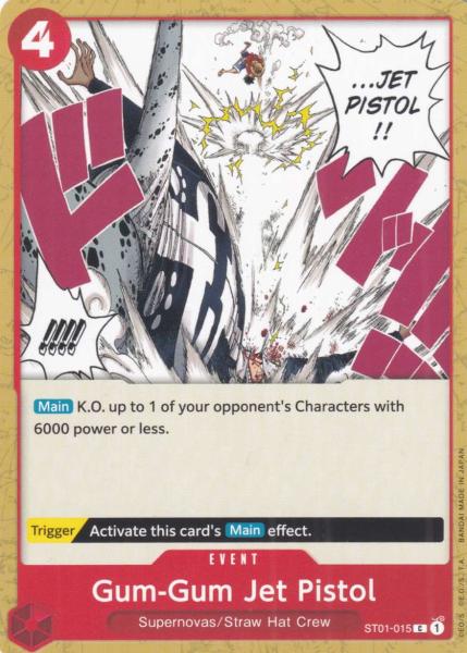 Gum-Gum Jet Pistol ST01-015 ist in Common. Die One Piece Karte ist aus Straw Hat Crew ST01 in Normal Art.