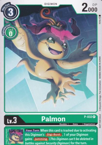 Palmon P-032 ist in Promo. Die Digimon Karte ist aus Great Legend BT04 