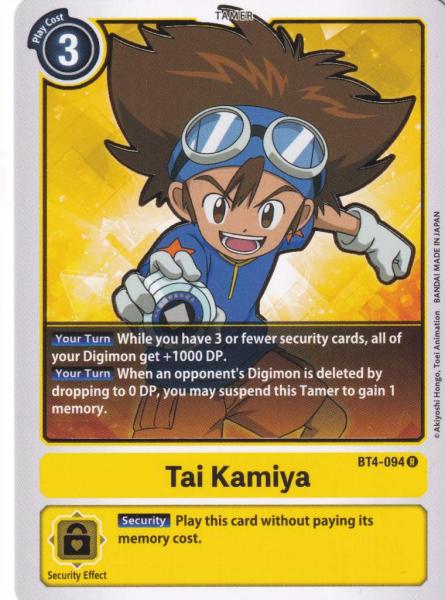 Tai Kamiya BT4-094 ist in Rare. Die Digimon Karte ist aus Great Legend BT04 