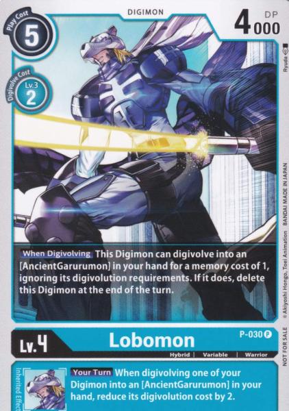 Lobomon P-030 ist in Promo. Die Digimon Karte ist aus Great Legend BT04 